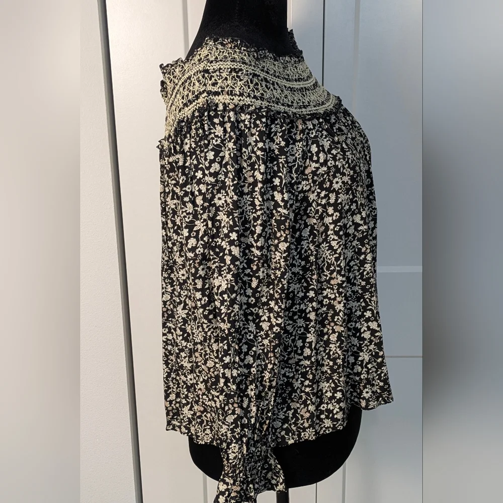 Promera Floral Peasant Off The Shoulder Blouse Long Sleeves Black White Size M - Picture 5 of 8